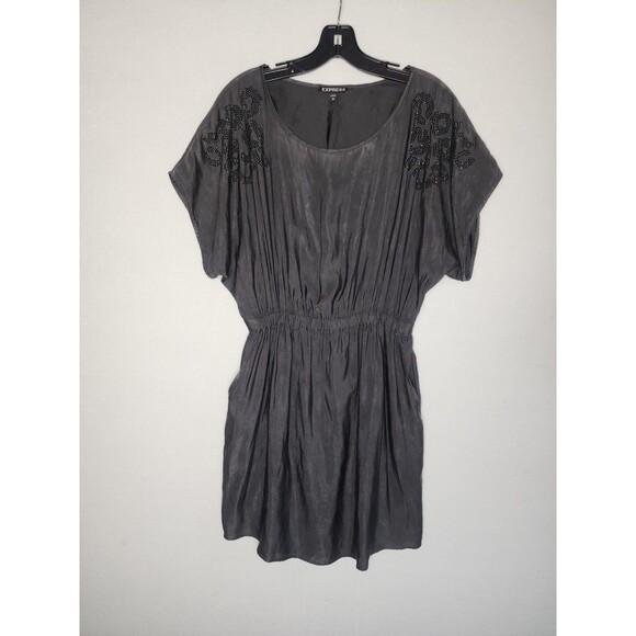 Express Short Gray Dress Womens Size Medium Dolman/Flutter Sleeve Rhinestones - Picture 1 of 9